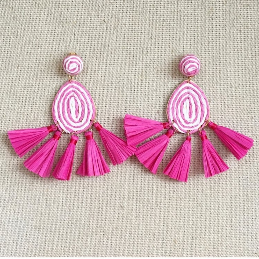 Tassel Raffia Earrings Pink and White
